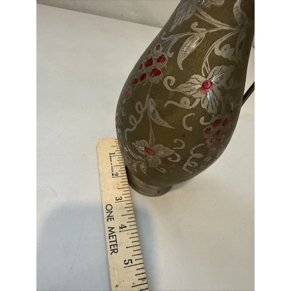 Vintage India Brass Water Pitcher Circa‎ Etched Painted Elegant Curved Handle
